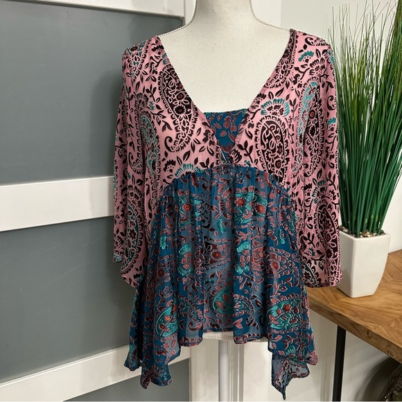 Anthropologie Floreat Velvet Burnout Blouse Small Purple Teal Boho Silk Blend - Picture 1 of 9